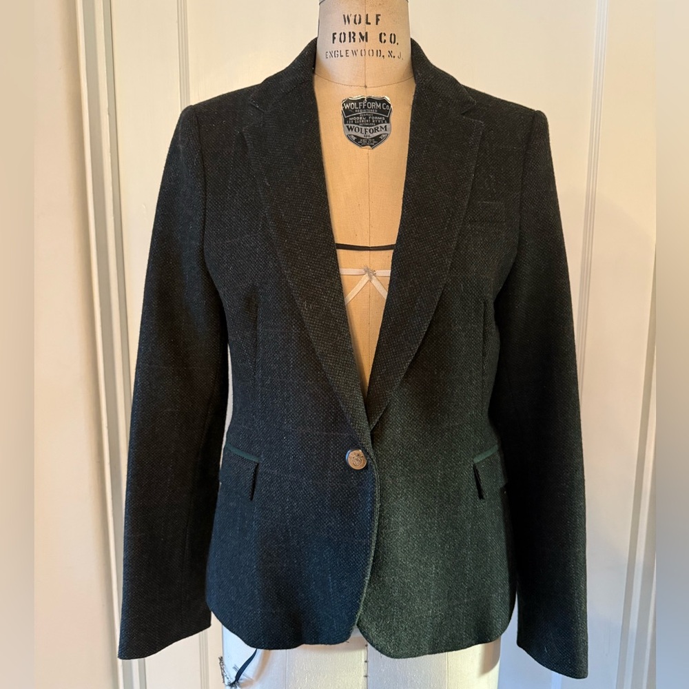 Zara Basic Dark Hunter Green Gray Tweed Plaid Lambswool Blazer- Size L